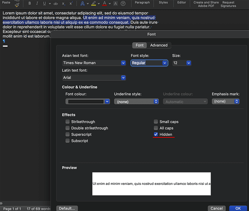 Hidden checkbox in MS Word